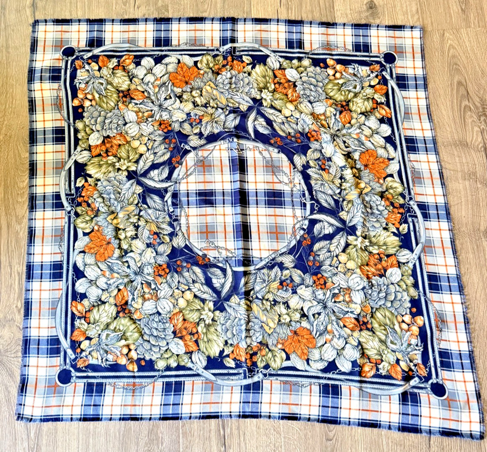 Vintage Autumn Fall Foliage Equestrian Scarf Plaid Tartan Horse Bridle Bit Navy
